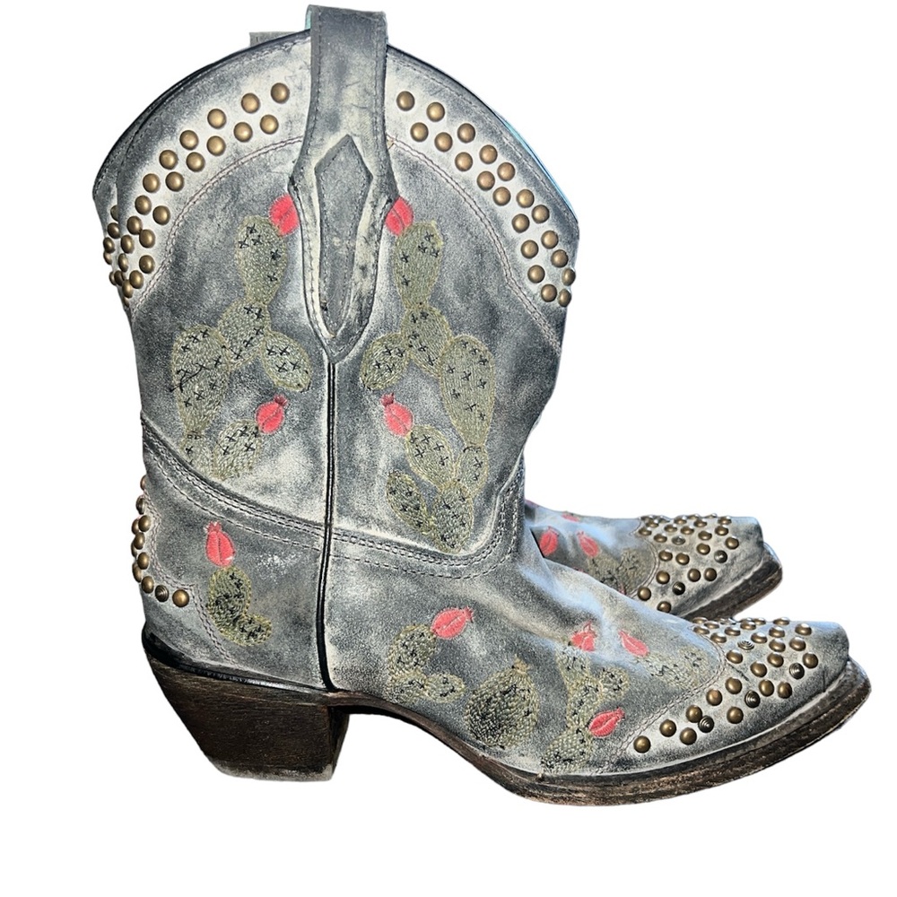 Corral Gray Studded Cactus Embroidered Ankle Boots with Pink Accents
